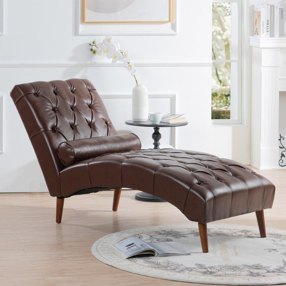 English Elm Upholstered Pu Chaise Lounge with Birch Legs Sculptural Sled Frame for Bedroom W68041757