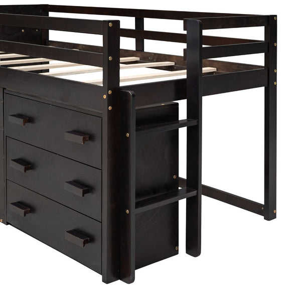 English Elm Twin Low Loft Bed with Storage Drawers Cabinet and Shelf in Espresso Wood LP001501AAP-1