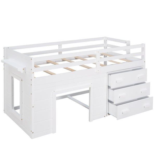 English Elm Twin Low Loft Bed with Storage Drawers Cabinet and Shelf in Espresso Wood White LP001501AAK