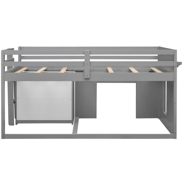 English Elm Twin Low Loft Bed with Storage Drawers Cabinet and Shelf in Espresso Wood Gray LP001501AAE-1