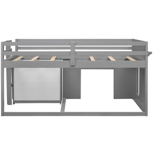 English Elm Twin Low Loft Bed with Storage Drawers Cabinet and Shelf in Espresso Wood Gray LP001501AAE