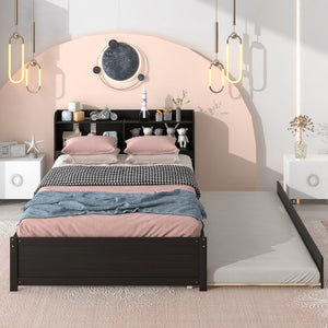 English Elm Full Bed with Pull Out Trundle and Bookcase Headboard for Kids or Guest Rooms Espresso W504P396574