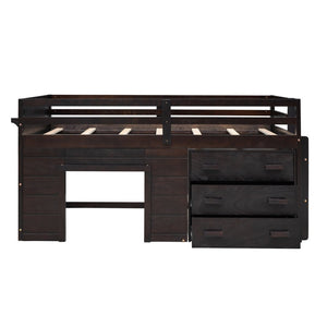 English Elm Twin Low Loft Bed with Storage Drawers Cabinet and Shelf in Espresso Wood LP001501AAP-1