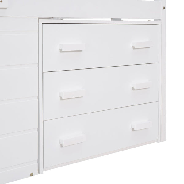 English Elm Twin Low Loft Bed with Storage Drawers Cabinet and Shelf in Espresso Wood White LP001501AAK