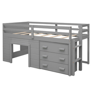 English Elm Twin Low Loft Bed with Storage Drawers Cabinet and Shelf in Espresso Wood Gray LP001501AAE-1