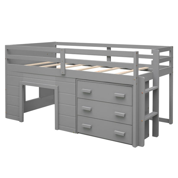 English Elm Twin Low Loft Bed with Storage Drawers Cabinet and Shelf in Espresso Wood Gray LP001501AAE
