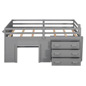 English Elm Twin Low Loft Bed with Storage Drawers Cabinet and Shelf in Espresso Wood Gray LP001501AAE-1