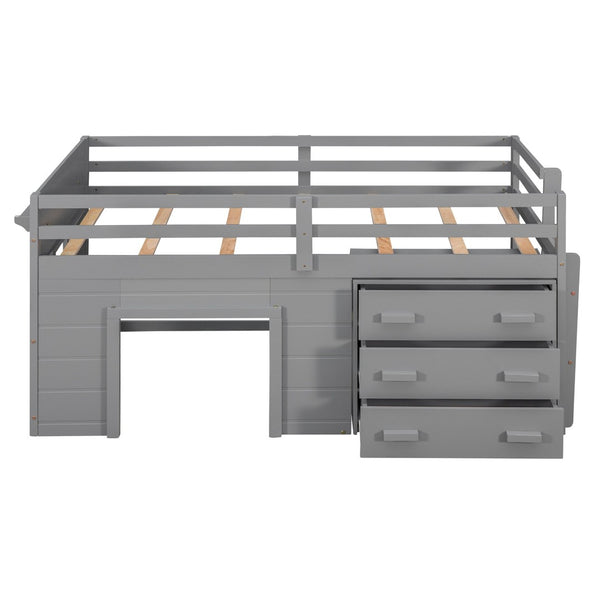 English Elm Twin Low Loft Bed with Storage Drawers Cabinet and Shelf in Espresso Wood Gray LP001501AAE
