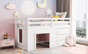 English Elm Twin Low Loft Bed with Storage Drawers Cabinet and Shelf in Espresso Wood White LP001501AAK-1