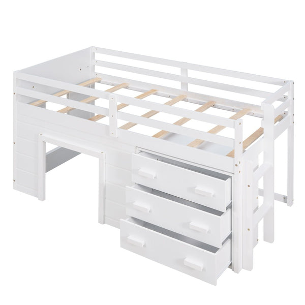 English Elm Twin Low Loft Bed with Storage Drawers Cabinet and Shelf in Espresso Wood White LP001501AAK-1