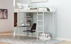 English Elm Twin Metal Loft Bed with Integrated Desk and Shelves for Kids Study Space Silver MF291671AAN