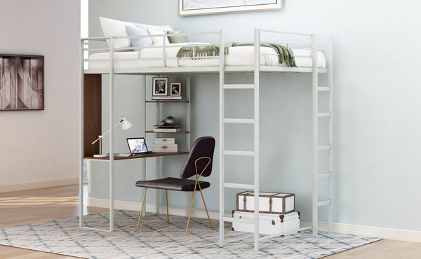 English Elm Twin Metal Loft Bed with Integrated Desk and Shelves for Kids Study Space Silver MF291671AAN
