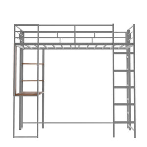 English Elm Twin Metal Loft Bed with Integrated Desk and Shelves for Kids Study Space Silver MF291671AAN