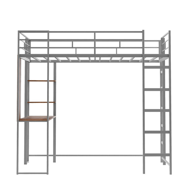 English Elm Twin Metal Loft Bed with Integrated Desk and Shelves for Kids Study Space Silver MF291671AAN