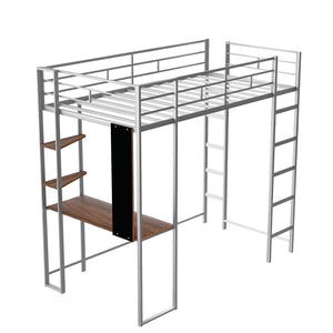 English Elm Twin Metal Loft Bed with Integrated Desk and Shelves for Kids Study Space Silver MF291671AAN