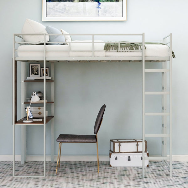 English Elm Twin Metal Loft Bed with Integrated Desk and Shelves for Kids Study Space Silver MF291671AAN