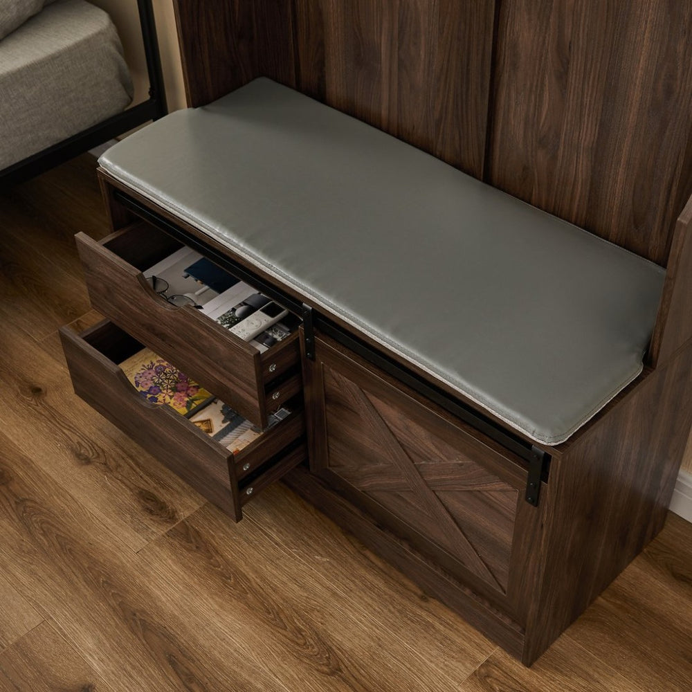 English Elm Wb002-hall Tree with Bench Seating Coat Hooks and Shelf in Warm Dark Walnut Wood W30853727