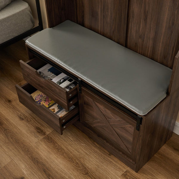 English Elm Wb002-hall Tree with Bench Seating Coat Hooks and Shelf in Warm Dark Walnut Wood W30853727