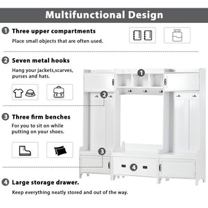 English Elm On-trend Modular White Hall Tree with Seven Hooks Storage Bench and Cabinet Doors SD000019AAK
