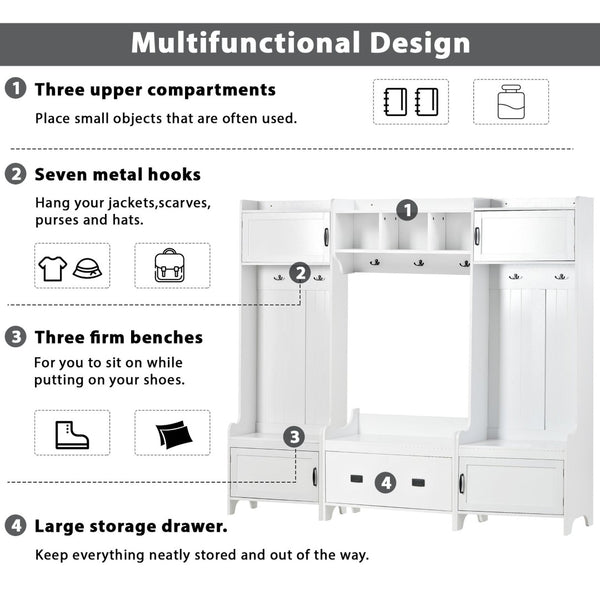 English Elm On-trend Modular White Hall Tree with Seven Hooks Storage Bench and Cabinet Doors SD000019AAK