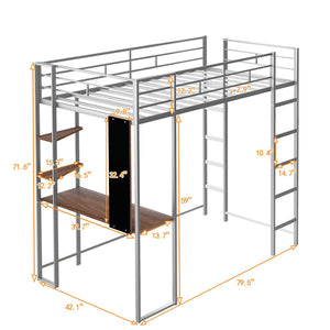English Elm Twin Metal Loft Bed with Integrated Desk and Shelves for Kids Study Space Silver MF291671AAN