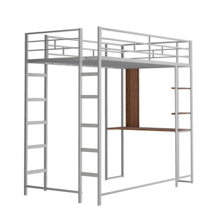 English Elm Twin Metal Loft Bed with Integrated Desk and Shelves for Kids Study Space Silver MF291671AAN