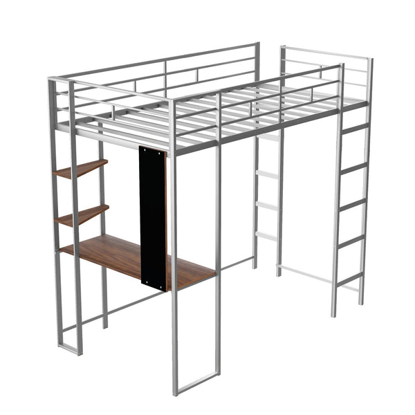 English Elm Twin Metal Loft Bed with Integrated Desk and Shelves for Kids Study Space Silver MF291671AAN