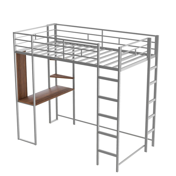 English Elm Twin Metal Loft Bed with Integrated Desk and Shelves for Kids Study Space Silver MF291671AAN