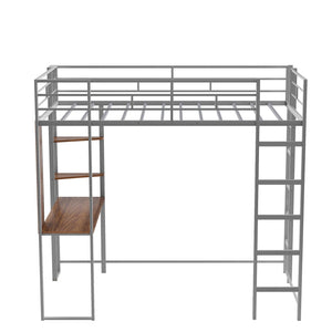 English Elm Twin Metal Loft Bed with Integrated Desk and Shelves for Kids Study Space Silver MF291671AAN