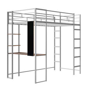 English Elm Twin Metal Loft Bed with Integrated Desk and Shelves for Kids Study Space Silver MF291671AAN
