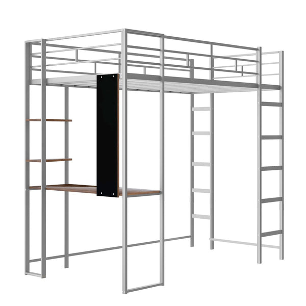 English Elm Twin Metal Loft Bed with Integrated Desk and Shelves for Kids Study Space Silver MF291671AAN