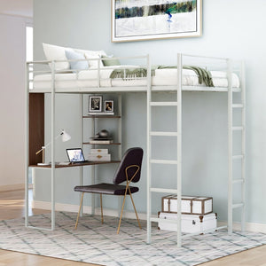 English Elm Twin Metal Loft Bed with Integrated Desk and Shelves for Kids Study Space Silver MF291671AAN