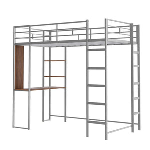 English Elm Twin Metal Loft Bed with Integrated Desk and Shelves for Kids Study Space Silver MF291671AAN