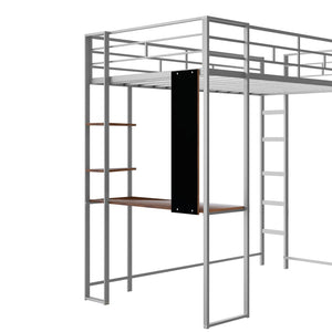 English Elm Twin Metal Loft Bed with Integrated Desk and Shelves for Kids Study Space Silver MF291671AAN