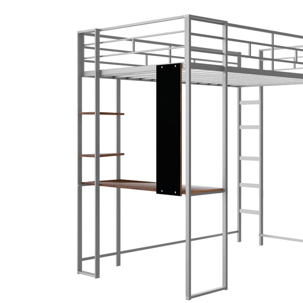 English Elm Twin Metal Loft Bed with Integrated Desk and Shelves for Kids Study Space Silver MF291671AAN