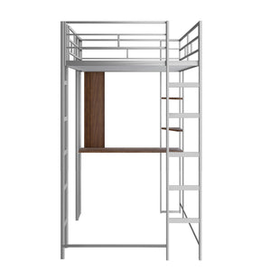 English Elm Twin Metal Loft Bed with Integrated Desk and Shelves for Kids Study Space Silver MF291671AAN