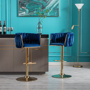 English Elm Set of 2 Velvet Bar Stools with Swivel, Chrome Footrest & Base, Height Adjustable Luxury Seating with Gold Legs Navy W124956153