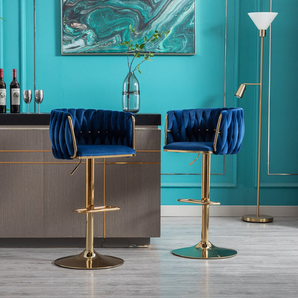 English Elm Set of 2 Velvet Bar Stools with Swivel, Chrome Footrest & Base, Height Adjustable Luxury Seating with Gold Legs Navy W124956153