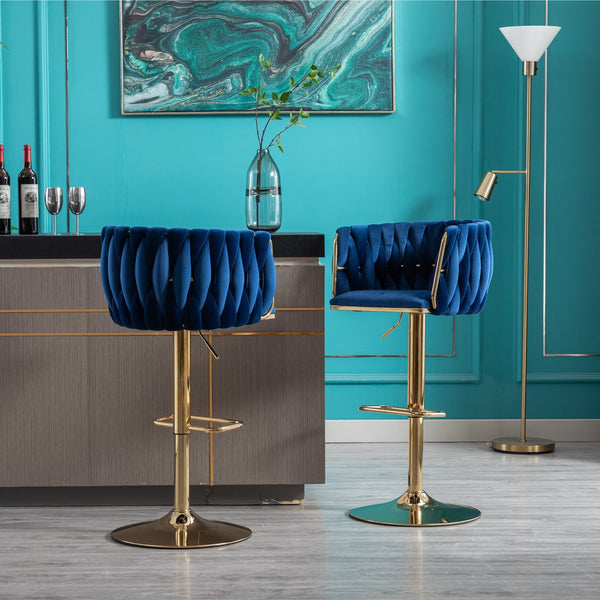English Elm Set of 2 Velvet Bar Stools with Swivel, Chrome Footrest & Base, Height Adjustable Luxury Seating with Gold Legs Navy W124956153
