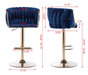 English Elm Set of 2 Velvet Bar Stools with Swivel, Chrome Footrest & Base, Height Adjustable Luxury Seating with Gold Legs Navy W124956153
