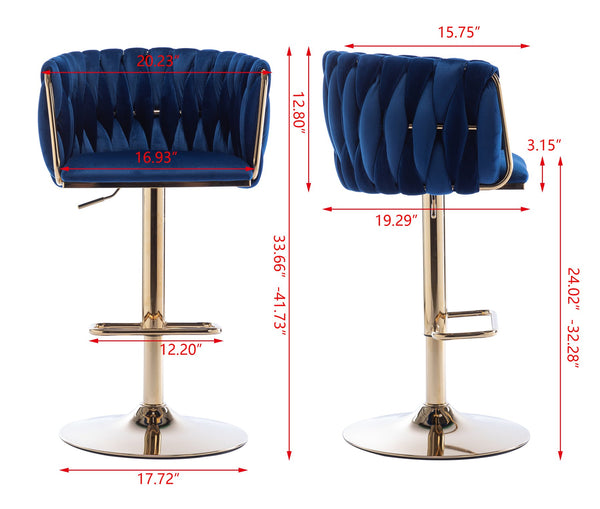 English Elm Set of 2 Velvet Bar Stools with Swivel, Chrome Footrest & Base, Height Adjustable Luxury Seating with Gold Legs Navy W124956153