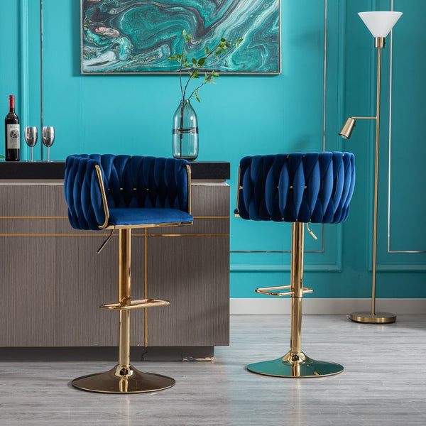 English Elm Set of 2 Velvet Bar Stools with Swivel, Chrome Footrest & Base, Height Adjustable Luxury Seating with Gold Legs Navy W124956153
