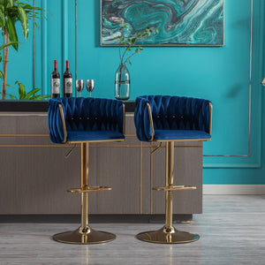 English Elm Set of 2 Velvet Bar Stools with Swivel, Chrome Footrest & Base, Height Adjustable Luxury Seating with Gold Legs Navy W124956153