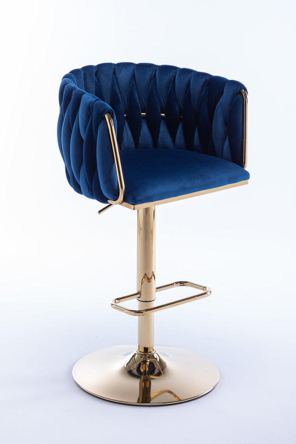 English Elm Set of 2 Velvet Bar Stools with Swivel, Chrome Footrest & Base, Height Adjustable Luxury Seating with Gold Legs Navy W124956153