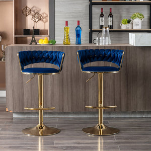 English Elm Set Velvet Bar Stools with Gold Legs and Chrome Footrest, Swivel Height-Adjustable Counter Seating, Luxe Upholstery and Sturdy Base Blue W124958977