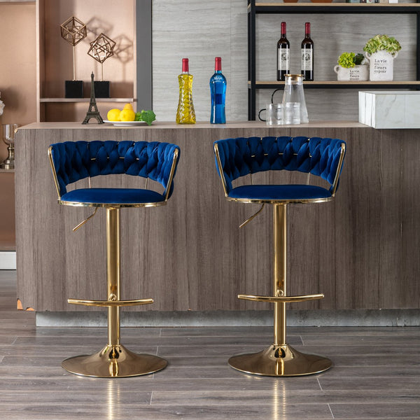 English Elm Set Velvet Bar Stools with Gold Legs and Chrome Footrest, Swivel Height-Adjustable Counter Seating, Luxe Upholstery and Sturdy Base Blue W124958977