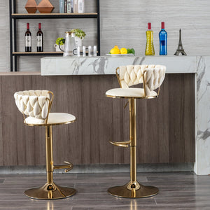 English Elm Set Velvet Bar Stools with Gold Legs and Chrome Footrest, Swivel Height-Adjustable Counter Seating, Luxe Upholstery and Sturdy Base Cream W124958979