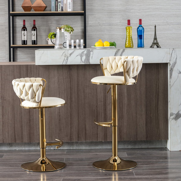 English Elm Set Velvet Bar Stools with Gold Legs and Chrome Footrest, Swivel Height-Adjustable Counter Seating, Luxe Upholstery and Sturdy Base Cream W124958979