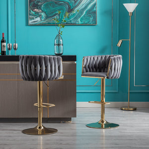 English Elm Set of 2 Velvet Bar Stools with Swivel, Chrome Footrest & Base, Height Adjustable Luxury Seating with Gold Legs Grey W124956156