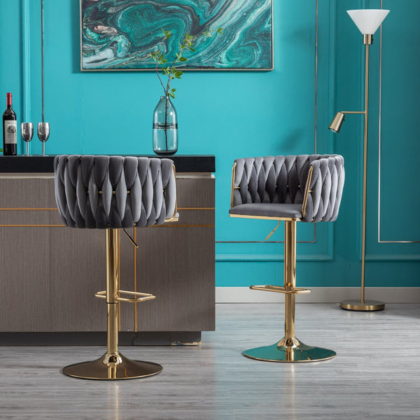 English Elm Set of 2 Velvet Bar Stools with Swivel, Chrome Footrest & Base, Height Adjustable Luxury Seating with Gold Legs Grey W124956156